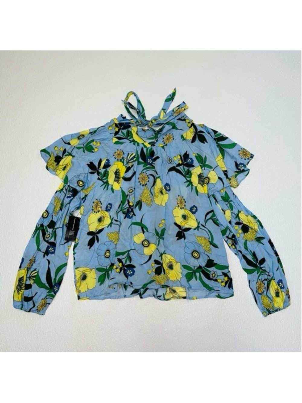 INC Light Blue Floral Long Sleeve Tie Neck Wear To Work Women Blouse Size XL - Picture 9 of 11